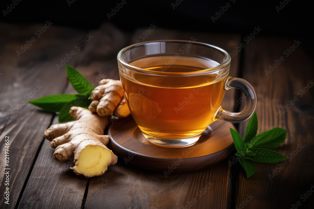 Cup of ginger tea with ginger slices on wooden board Cup of ginger tea with ginger slices on wooden board