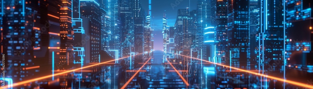 IOT and smart cities concept 3d illustration. Sci-fi skyline and blue neon lights. Wireless digital connection. IOT and smart cities concept 3d illustration. Sci-fi skyline and blue neon lights. Wireless digital connection.