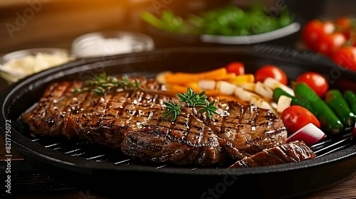 Grilled beef steak on black grill pan with vegetables  closeup