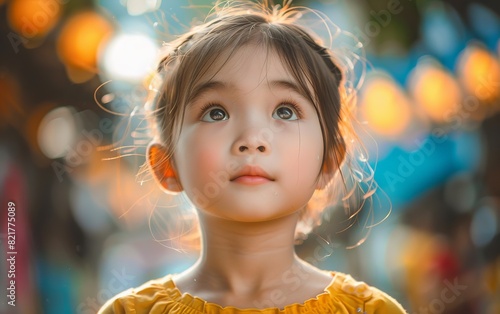 A young girl standing and gazing upwards at the sky with curiosity and wonder