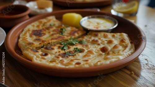 Close-up of golden-brown aloo paratha, oozing with savory potato filling, served with creamy butter.