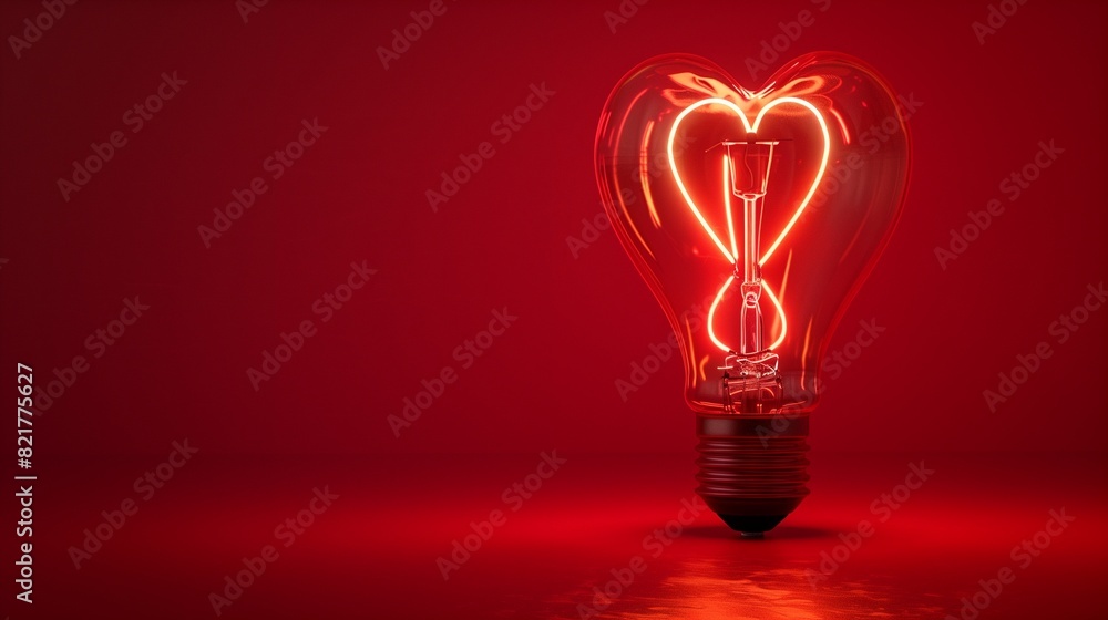 A super realistic image of a light bulb with a glowing heart-shaped filament against a vibrant red background, A super realistic image of a light bulb with a glowing heart-shaped filament against a vibrant red background,