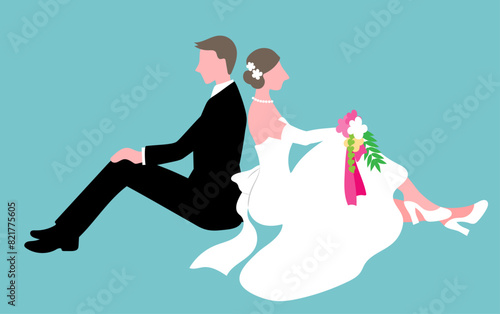 背中合わせに座る花嫁と花婿を横から見たベクターイラストレーション