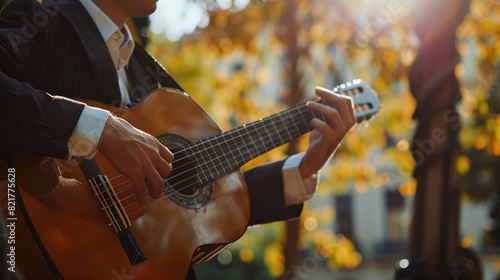 Young man in classical suit playing acoustic guitar. Spanish traditional live music.