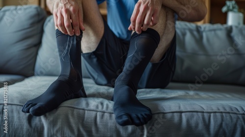 A man putting on black compression stockings on his legs while sitting on a couch at home to prevent varicose veins and for venous therapy. Healthcare concept. photo