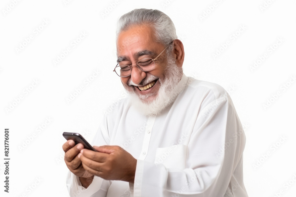 happy elder man using smartphone on white background happy elder man using smartphone on white background