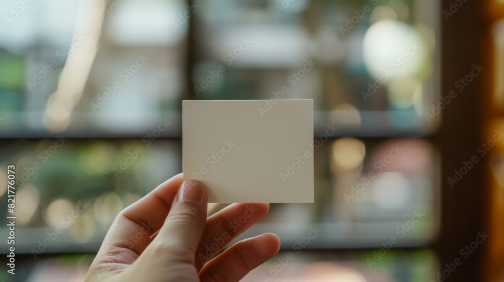 The hand holds a small sheet of paper (ticket, flyer, invitation, coupon, photo-card, etc.), cut it out The hand holds a small sheet of paper (ticket, flyer, invitation, coupon, photo-card, etc.), cut it out