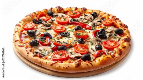 An excellent vegetarian pizza with tomatoes, mushrooms, mozzarella, peppers, and olives.