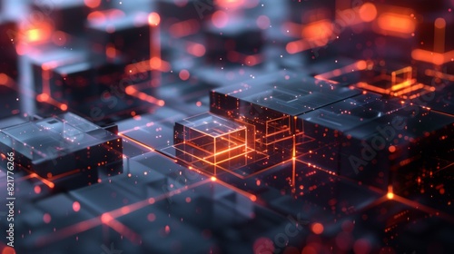 Abstract glowing cubes with red and blue highlights, capturing a futuristic digital landscape.