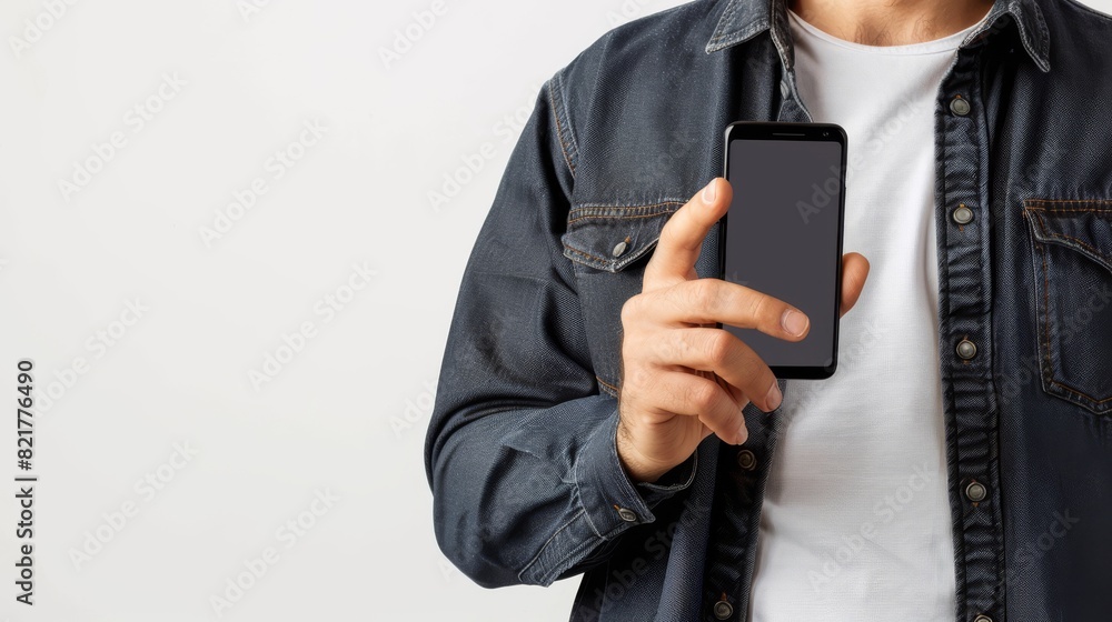 An individual holding a smartphone and pointing at its screen, cut out An individual holding a smartphone and pointing at its screen, cut out