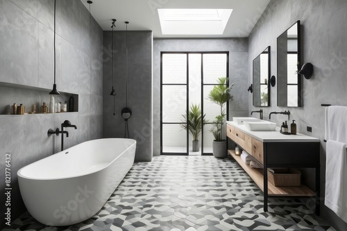 Industrial Grey And White Bathroom Design With Geometric Flooring