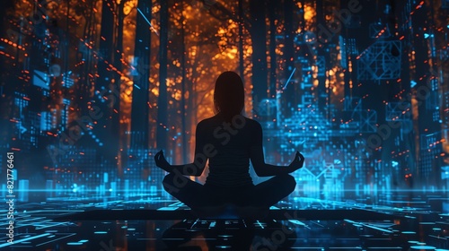 A woman in lotus pose in the forest, performing yoga meditation and mindfulness exercises until she is free from anxiety and stress.