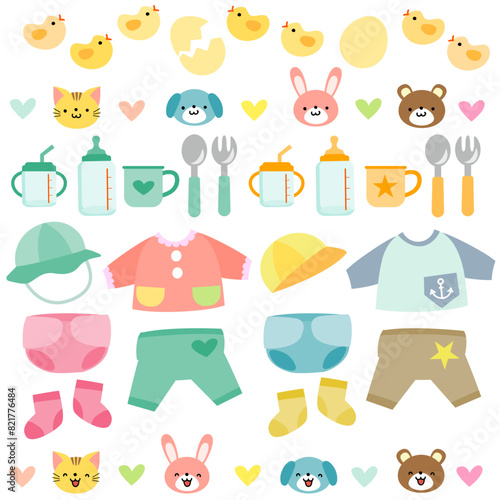 ベビーグッズとかわいい動物のイラストセット
