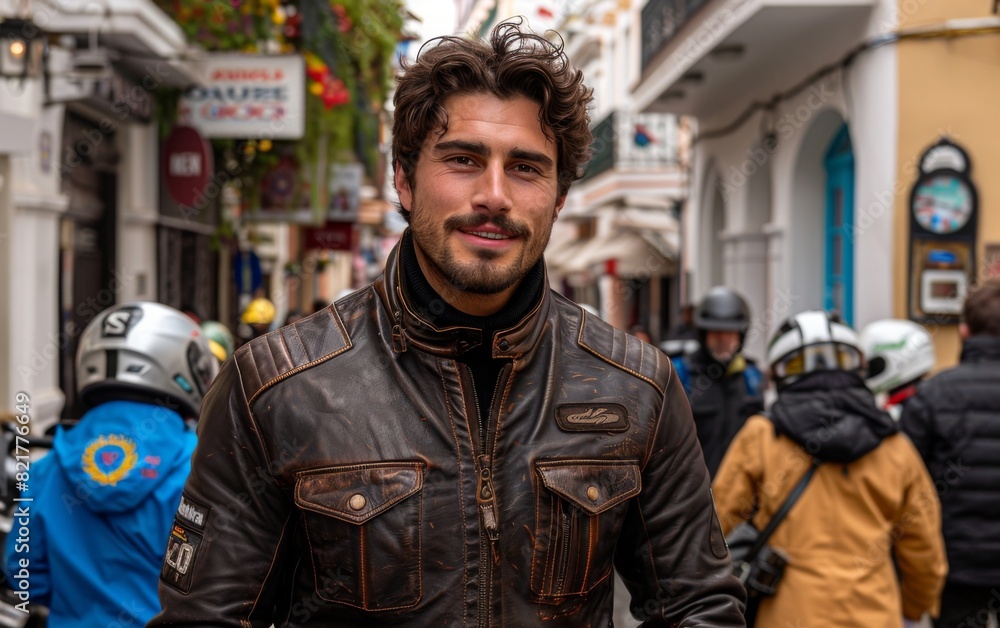 A man in a leather jacket stands amidst a bustling crowd on a city street A man in a leather jacket stands amidst a bustling crowd on a city street
