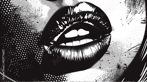 A retro halftone collage cutout of a woman kissing her lips in dotted pop art style. Design template of vintage grunge punk crazy art templates with dotted halftone textures. photo