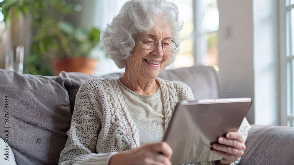 senior woman using tablets at home and smiling senior woman using tablets at home and smiling