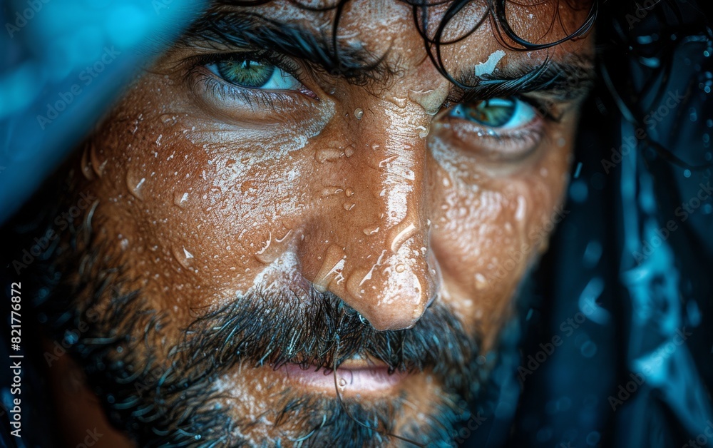 Close-up shot of a man wearing a raincoat, with wet hair and striking blue eyes Close-up shot of a man wearing a raincoat, with wet hair and striking blue eyes