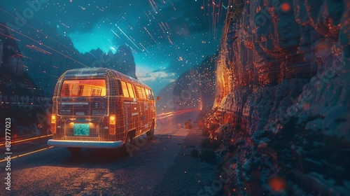 On a canyon path at sunset, a vintage van travels on a road trip to adventure and freedom in nature photo