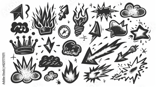 Modern illustration of fire, highlight, explosion. Handdrawn cute cartoon pencil sketches of decorative icons.