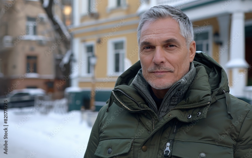 Fototapeta premium A man with gray hair standing in the snow, wearing a green jacket