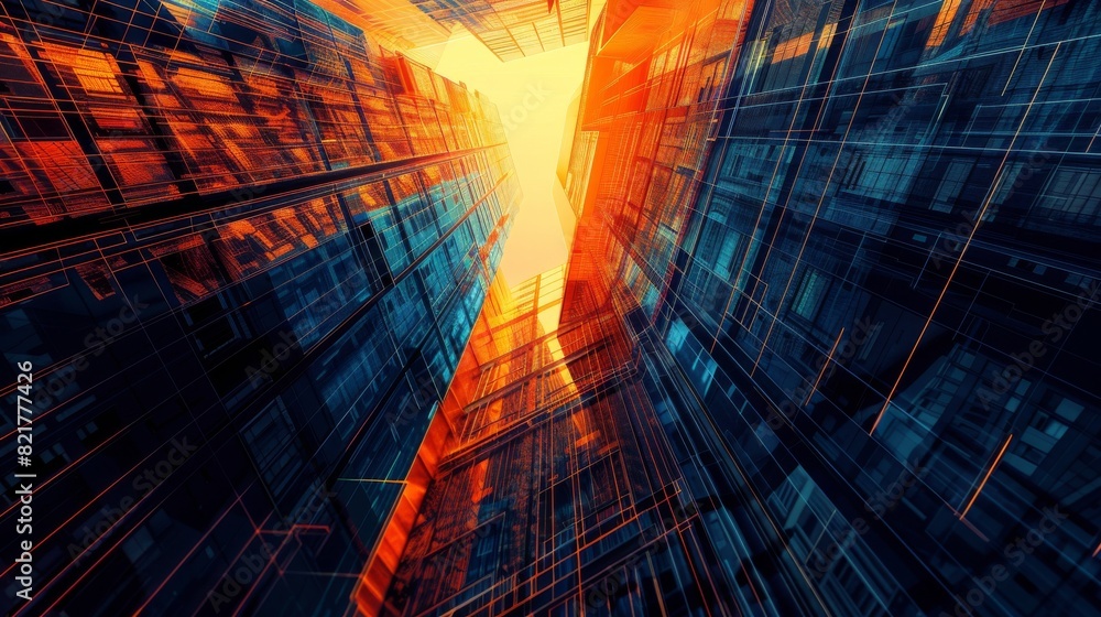 A skyscrapers abstract background with geometric pattern and perspective graphic painting of buildings - A financial, corporate and business brochure illustration A skyscrapers abstract background with geometric pattern and perspective graphic painting of buildings - A financial, corporate and business brochure illustration