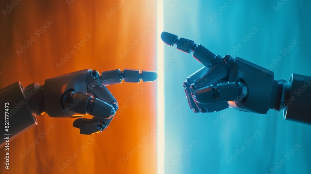 The robot and human hand touching their index finger, gesture isolated ...