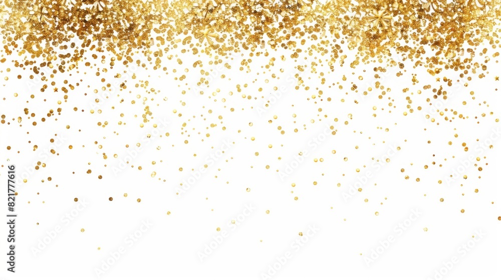 Modern illustration of gold dust glitter overlay background. Sparkling golden falling confetti border. Sequin dust frame wallpaper for wedding banners as well as Christmas banners.