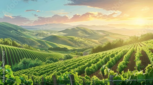 The vineyards are surrounded by green hills and mountains, with a panoramic view
