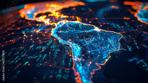 The abstract digital map of South America represents the concept of global networking and connectivity, data transmission and cyber technology, and information exchange and telecommunication.