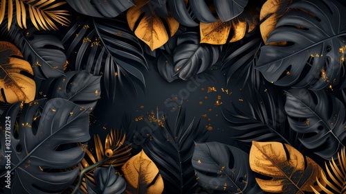 Tropical gold black leaves on dark background modern. Botanical exotic vertical design with golden tropic jungle creeper plant stems and paint smears. Wedding ceremony invitation card or holiday sale