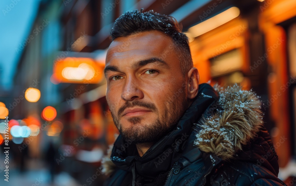 A young man wearing a black jacket standing on a bustling city street A young man wearing a black jacket standing on a bustling city street