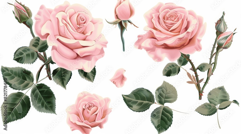 Cut-outs of a pretty pink rose in full bloom, with soft petals and green leaves Cut-outs of a pretty pink rose in full bloom, with soft petals and green leaves