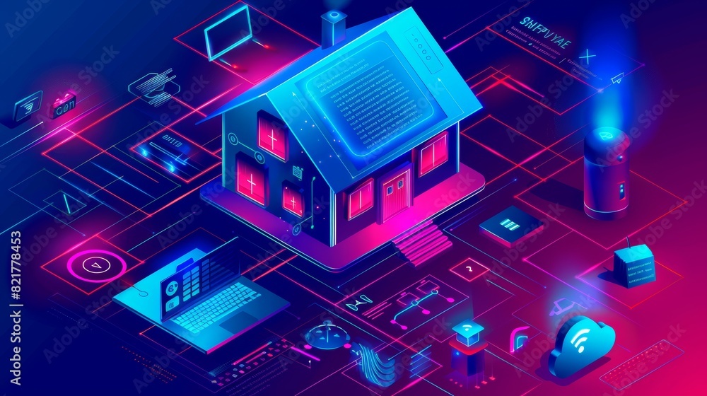 Home control isometric web banner. Computer desktop with artificial intelligence technology, line art landing page, 3d modern illustration. Home control isometric web banner. Computer desktop with artificial intelligence technology, line art landing page, 3d modern illustration.