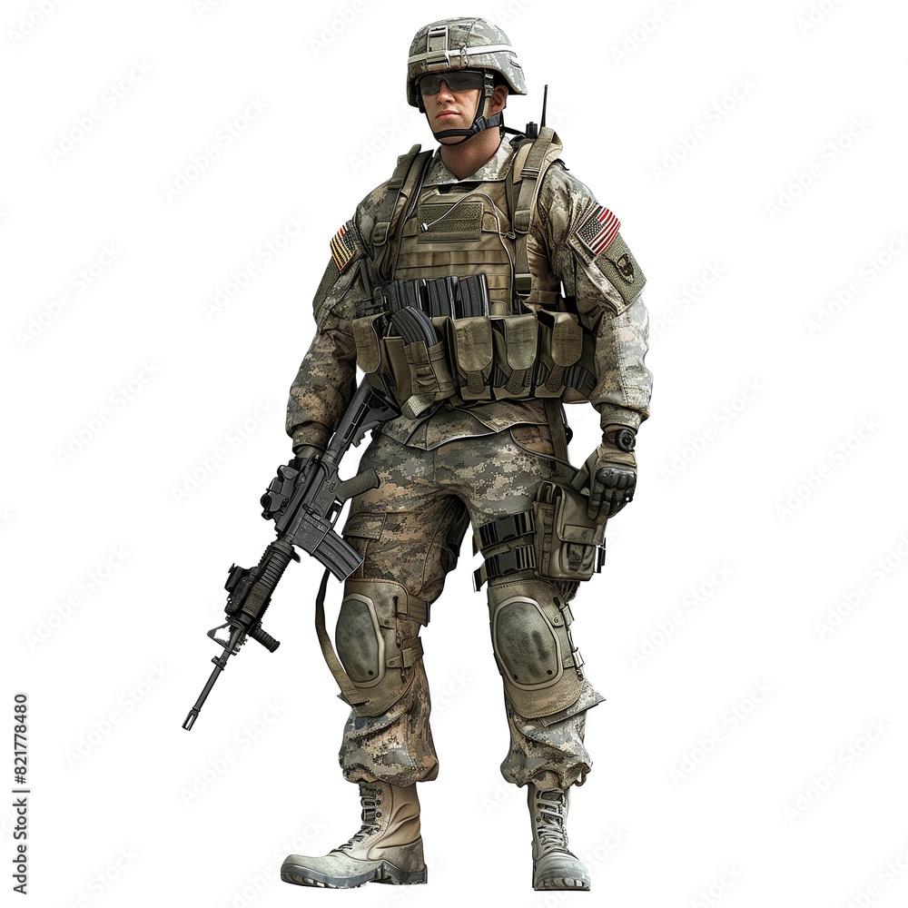 US Soldier in Full Combat Uniform Standing and Holding Rifle US Soldier in Full Combat Uniform Standing and Holding Rifle