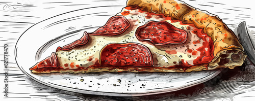 Pepperoni pizza slice with sausage on plate hand drawn sketch food Restaurant business concept. vector simple