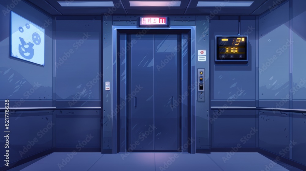 In house or office building, empty elevator cabin with closed steel doors inside view. Modern realistic interior with buttons panel and digital display with floor number. In house or office building, empty elevator cabin with closed steel doors inside view. Modern realistic interior with buttons panel and digital display with floor number.