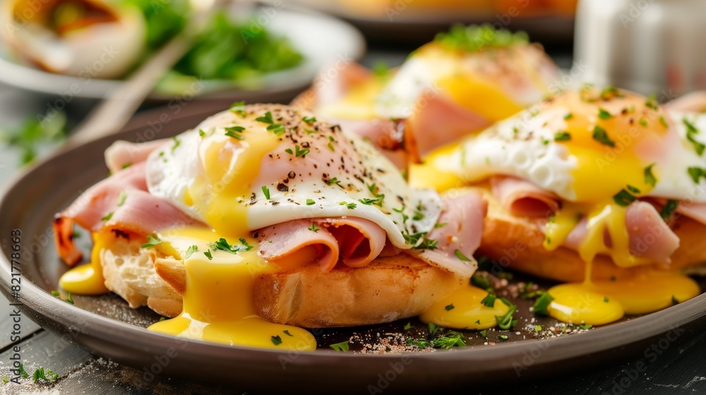 Morning bliss captured in a plate of Eggs Benedict, complete with golden hollandaise and savory ham. 