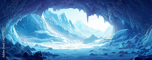 A mystical glacial cave with shimmering ice formations and an ethereal blue glow emanating from within. Vector flat minimalistic isolated