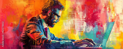 man working on laptop vector