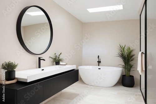 Minimal Cream Toned Bathroom Design With Round Black Framed Mirror