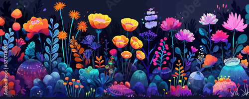 Enchanted garden with fantastical flowers and colorful strange plants. Vector flat minimalistic isolated illustration in digital art style.