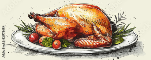 Roasted turkey on a plate hand drawn engraving sketch Restaurant business concept. vector simple illustration