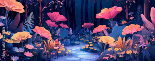 Enchanted garden with fantastical flowers and colorful strange plants. Vector flat minimalistic isolated illustration in digital art style.