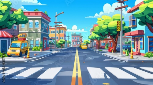 A cartoon illustration of a city street with houses, an empty car road, and a pedestrian crosswalk. Modern illustration showing a cityscape along with houses, offices, and shops. © Mark