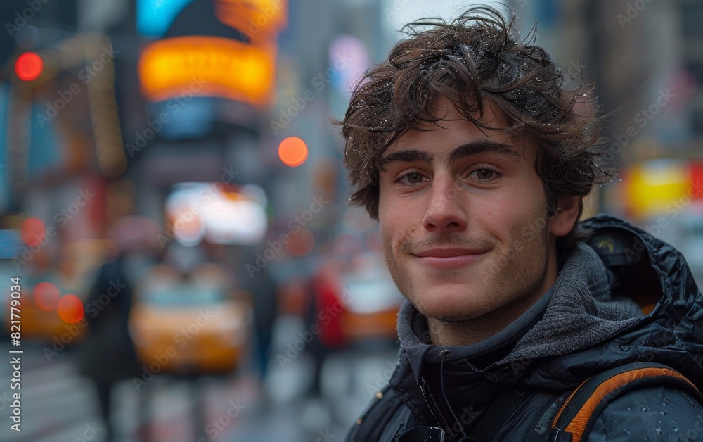 A young man in a black jacket and jeans stands confidently amidst the bustling urban activity of a crowded city street