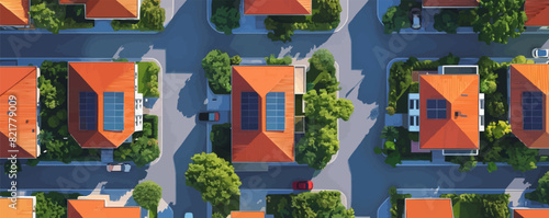 Houses with rooftop solar panels, top view houses of the future. vector simple illustration