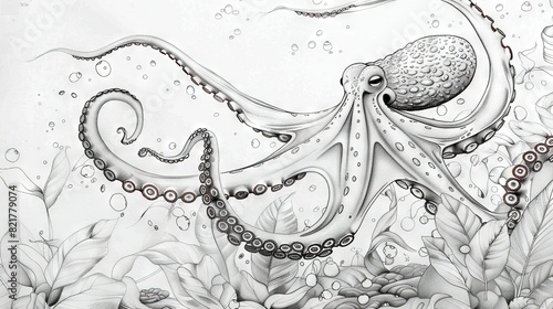  Black & white illustration of octopus amidst flowery seascape, seagull in the background photo