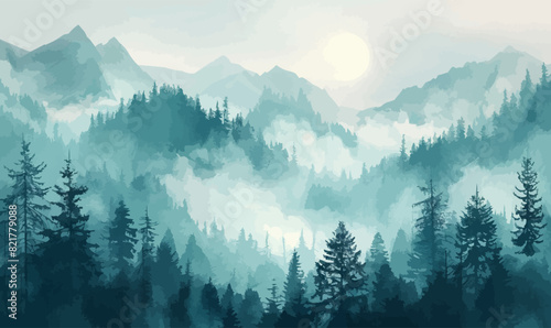 Misty forest among the mountains. Vector illustration.