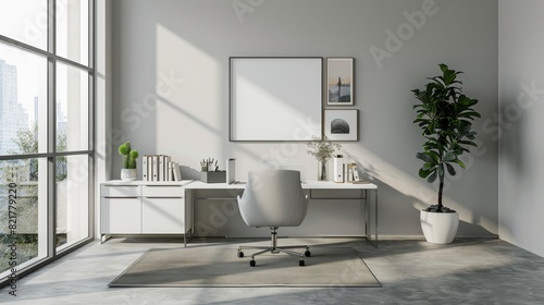 This mockup frame shows a white desk with armchairs and sideboards near a window.