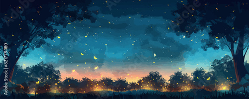 A painting of a forest with a sky in the background